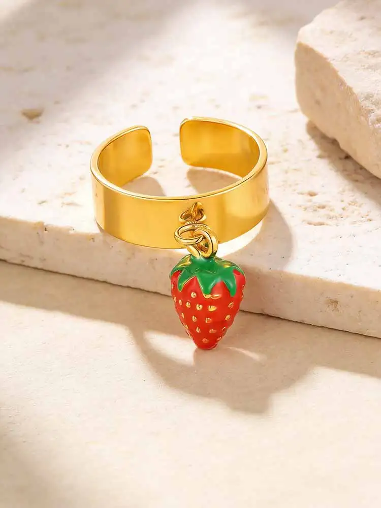 

Strawberry Ring Stainless Steel Gold Open Adjustable Fashion Fruit Jewelry for Women Cute Gift