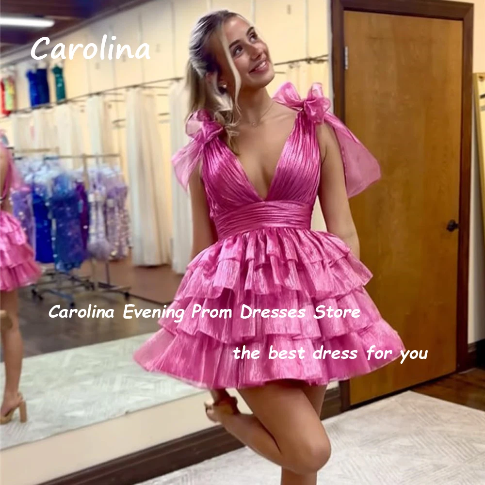 Carolina Fuchsia Short Tulle Homecoming Dresses for Teens 2024 Sparkly Tiered Ruffle Prom Dress with Bow Straps