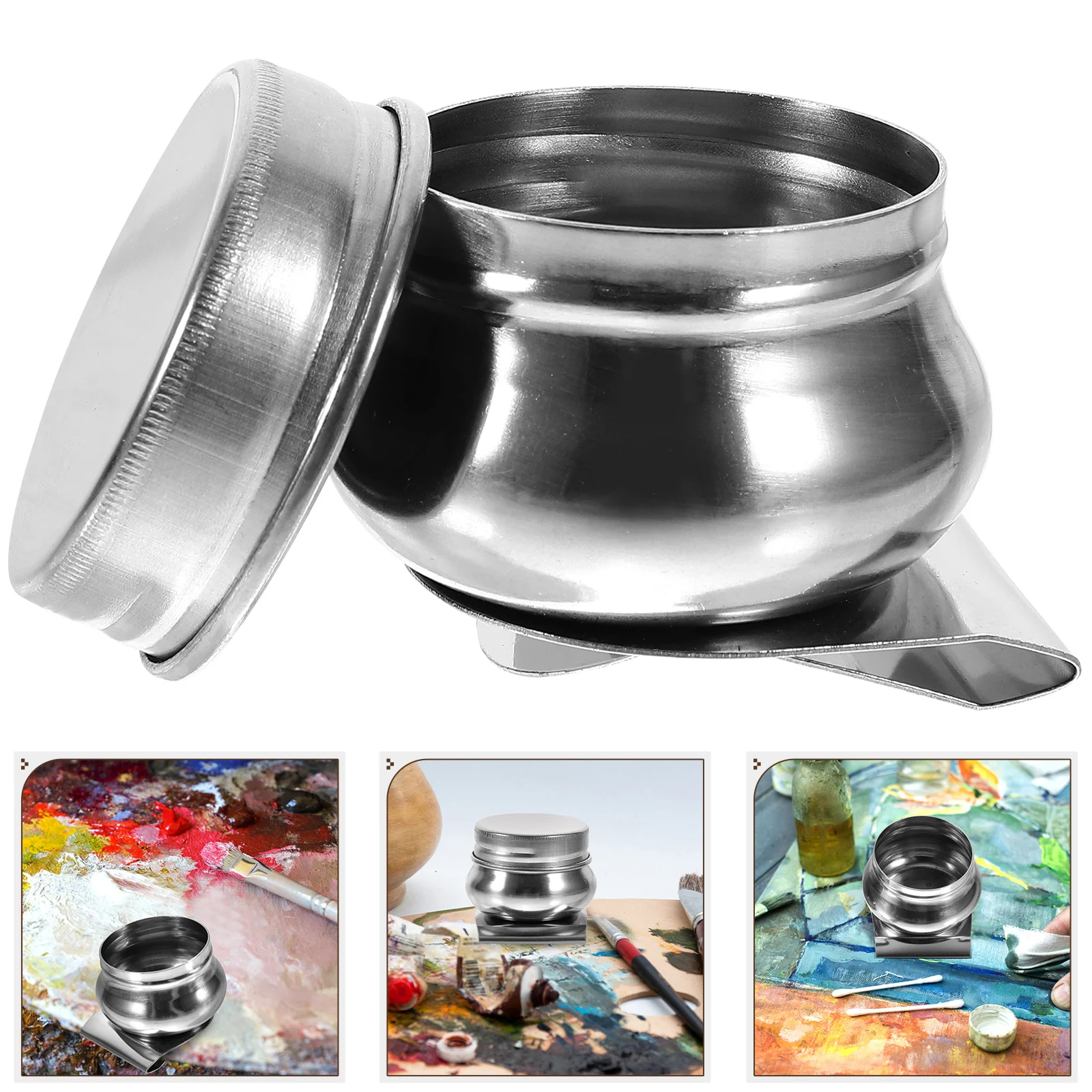 

Stainless Steel Palette Cups Double Dipper Art Palette Clip Pots Lid Oil Paint Cleaning Containers