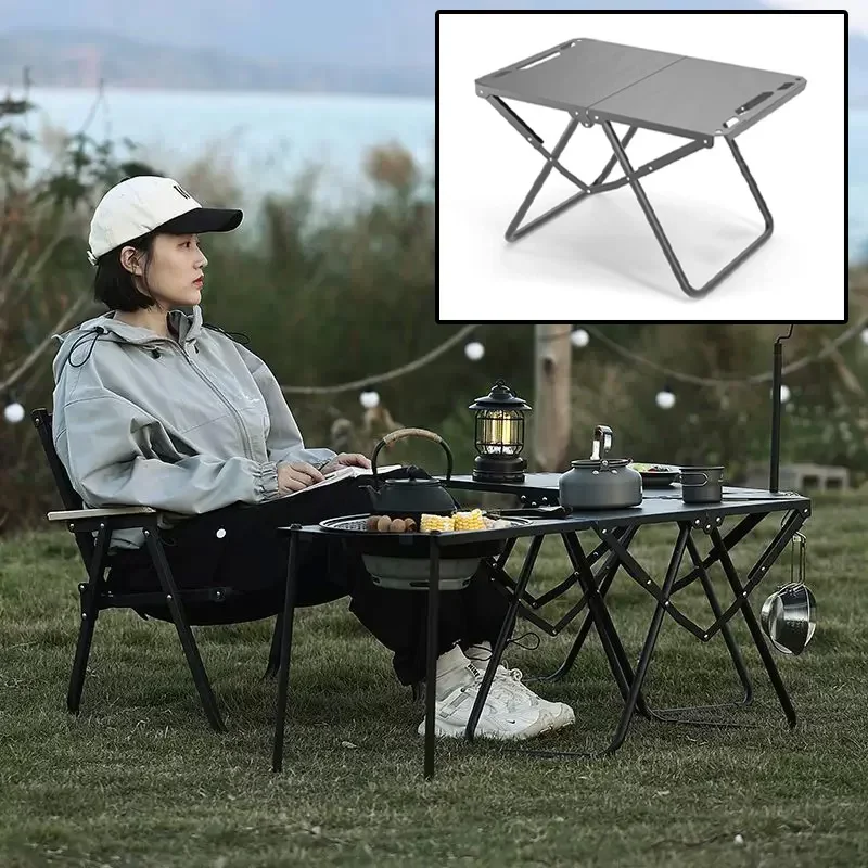 

Портативный складной походный стол, обеденный стол из нержавеющей стали для улицы, компактный дизайн для кемпинга, пляжа, барбекю и походов (складной)