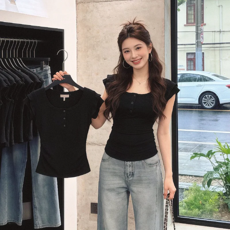 Black Elastic U-Neck T-Shirt Women Summer Button Decorative Slimming Daily Matched Top Fashionable Sleeveless Polyester Fabric