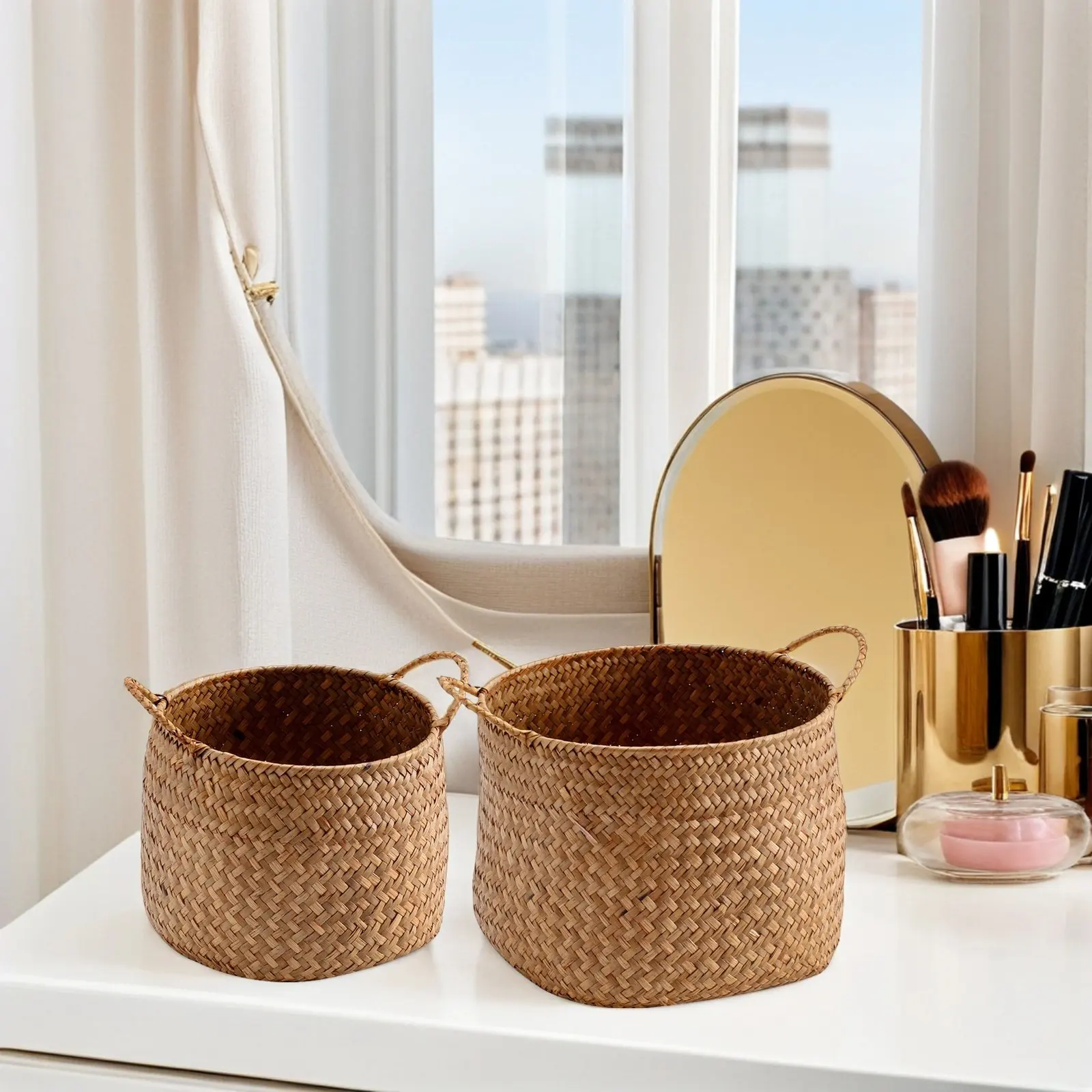 

2pcs Hand-Woven Storage Basket Woven Plant Basket With Handles Japanese Style Decorative Organizer For Organizing Sundries Toys