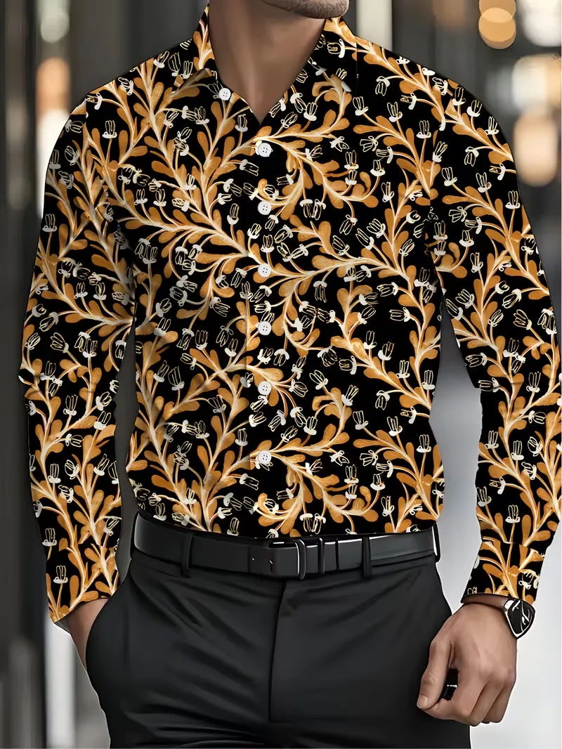 New Men's Golden Lotus Baroque Vine Composite Printed Long Sleeve Shirt Smooth High Gloss Satin Collar Top