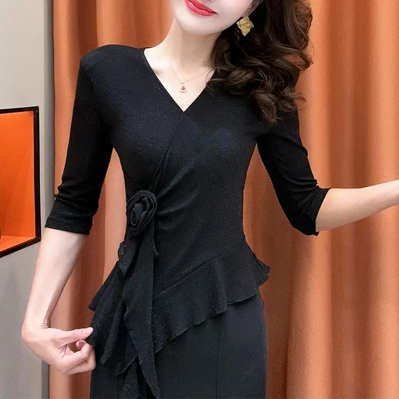 

Women Summer Casual Fashion Simplicity Elegant Temperament V-neck 3/4 Sleeve T-Shirt Casual All-match Solid Color Irregular Tops