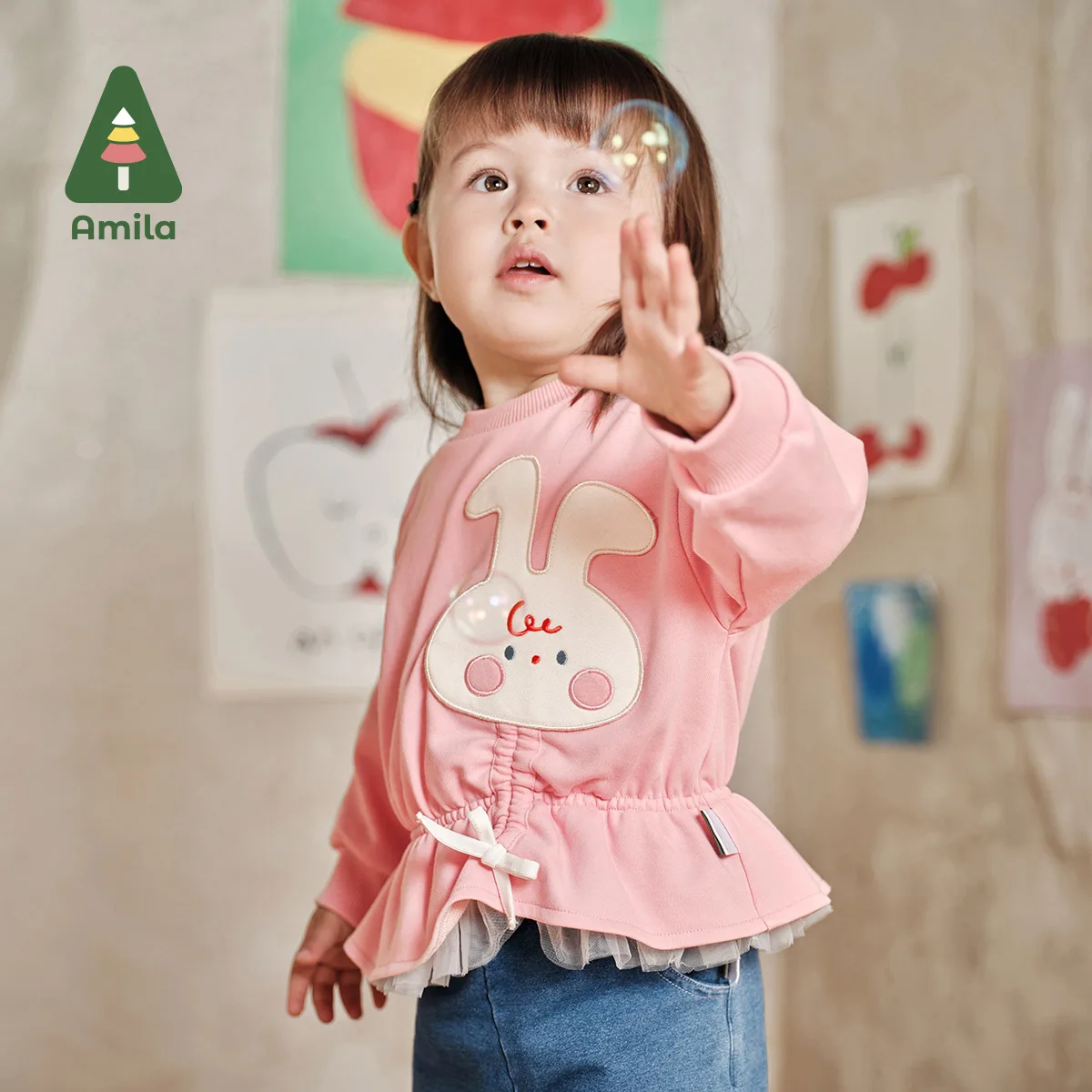 Amila 2024 Spring New Girls Sweatshirt Kids Tops Pullover Animal Pattern Ruffles Sweet Cute Round Neck  Baby Clothing