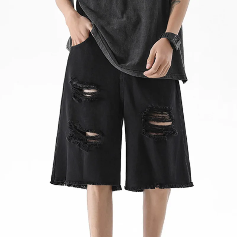 FEWQ High Street Loose Men Denim Shorts 2024 Broken Hole Design 2024 Solid Color Darkwear Male Trousers Fashion 24E1344