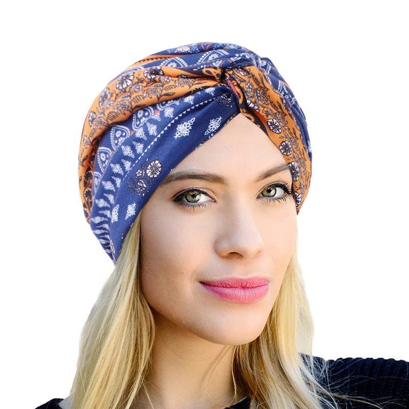 

New Fashion Women Printing Design Hijab Caps Soft Twist Ruffle Muslim Wrap Head Turban Chemo Hat Hair Cover Islamic Inner Hijab