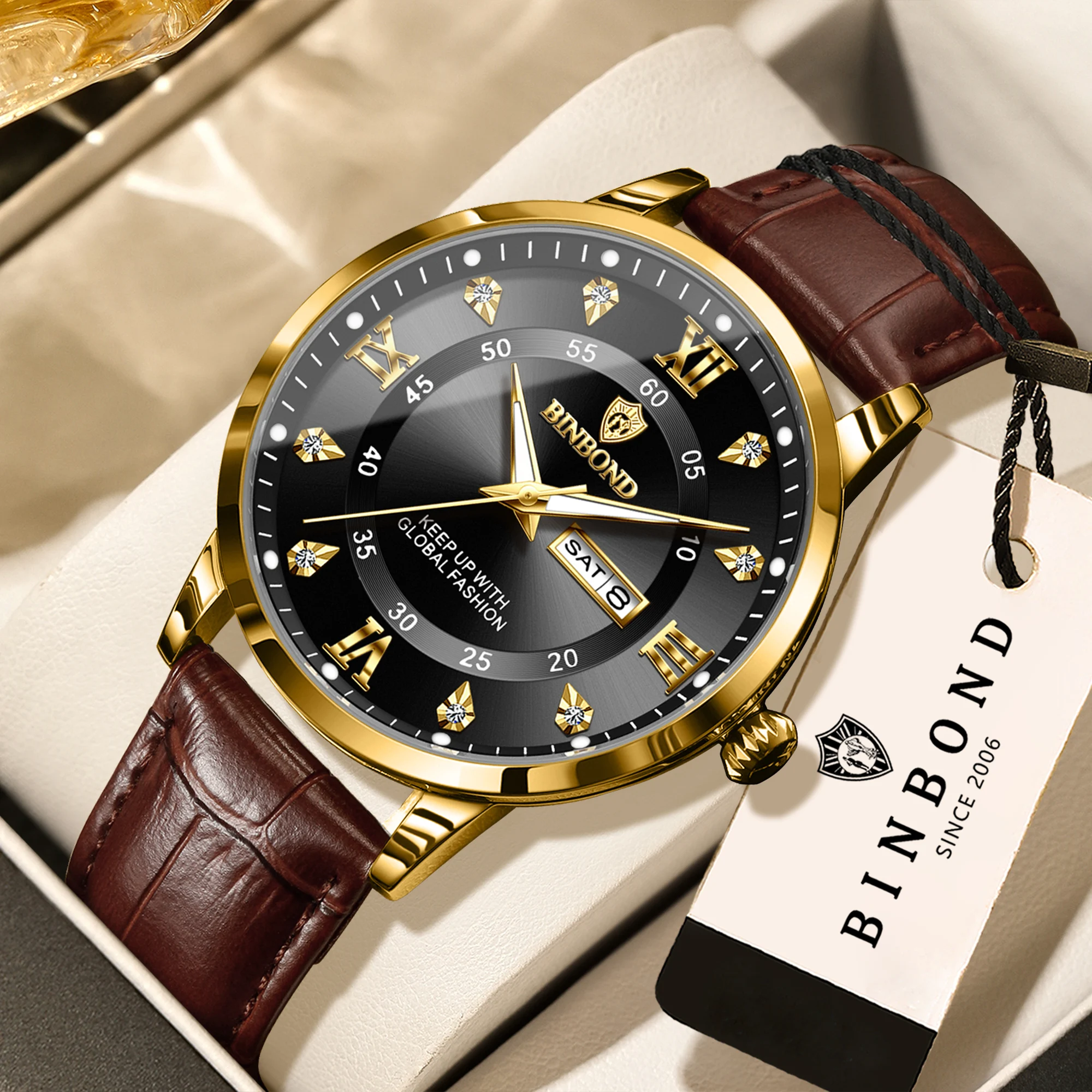 BINBOND Quartz Watches For Men Luxury Sturdy Luminous Waterproof Auto Date Week Display Accurate Men's Watch Business Reloj