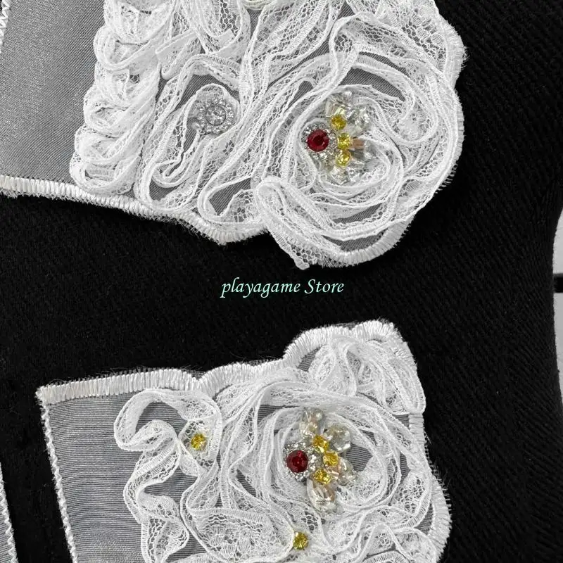 Y88Aハンド刺繍オーガンザファブリックアップリケ衣料品シャツの襟のアクセサリーとクラフトプロジェクトのためのラインストーンと