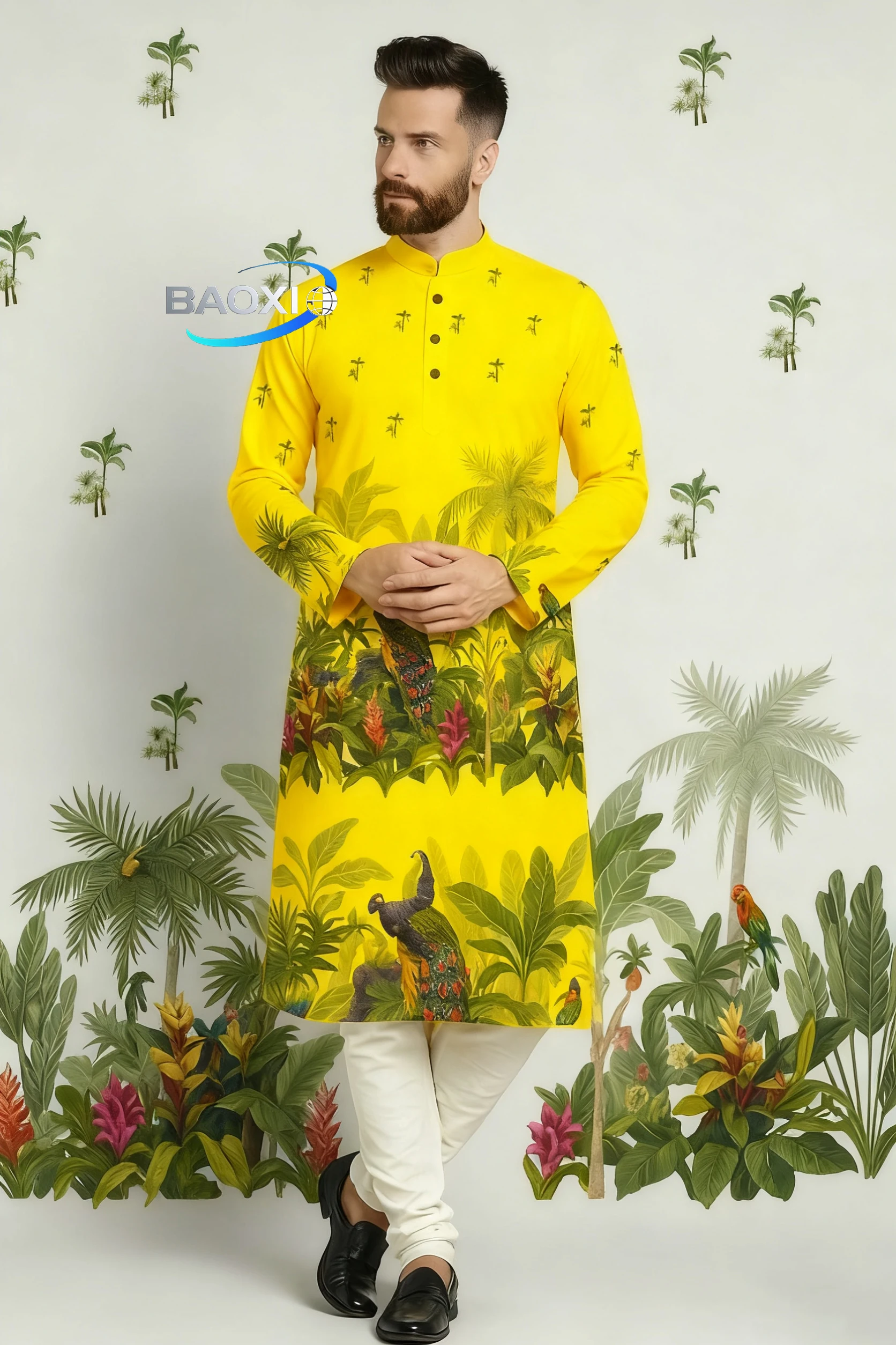 Męska kurta Kurt z nadrukiem, dopasowana, z kołnierzykiem mandaryńskim, długa szata odpowiednia na każdą okazję, takie jak ekskluzywne miejsca weselne.