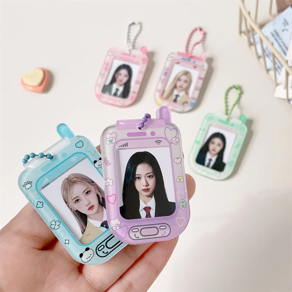 Kawaii Cartoon phone shape 1 inch Acrylic Kpop Photocard Holder Key chain pendant idol Photo Card Holder Bag School Stationery