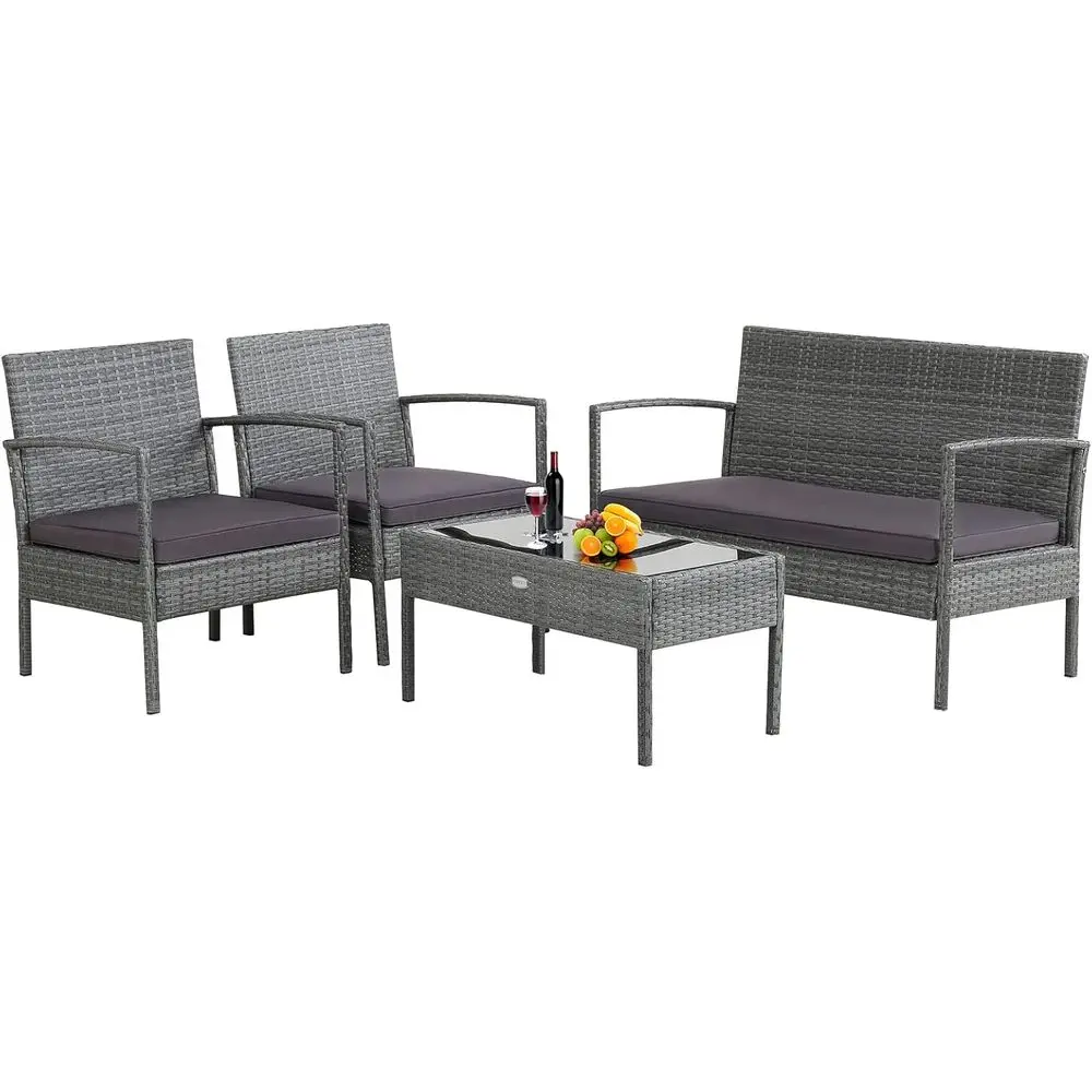 

Комплект садовой мебели из 4 предметов: плетеная мебель для патио с подушками, стеклянной столешницей и стальным каркасом, идеально подходит для секционных диванов, задних дворов, зон у бассейнов