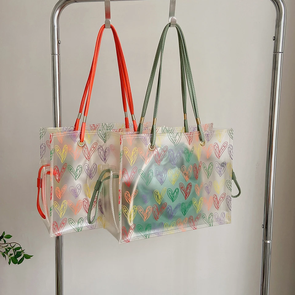 Heart Pattern Transparent  Pvc Shoulder Bag Large Capacity 2pieces Composite Tote for Women Summer Clear Waterproof Beach Pouch