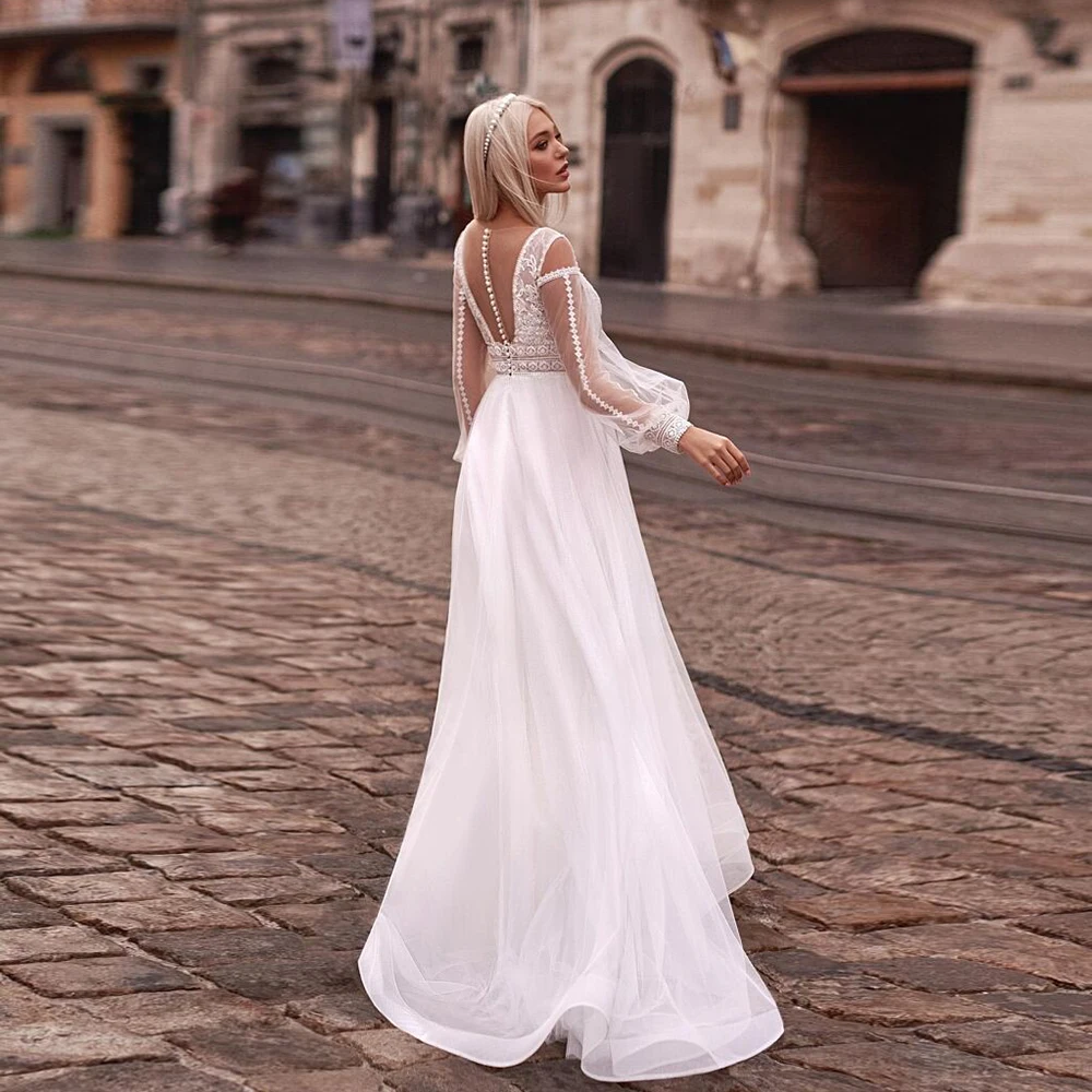 Simple V Neck Wedding Dresses with Lace 2025 A Line Bridal Gowns for Ladies Full Sleeve Soft Tulle Vestido De Novia 2025 Summer