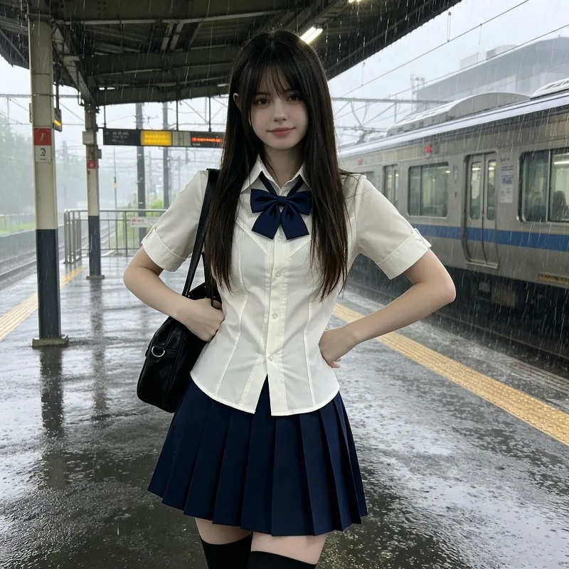 Japanese College Style Shirt Uniform Full Set with Plaid Bow Tie, High Waisted Pleated Plaid Skirt, Girls' Class Uniform Set