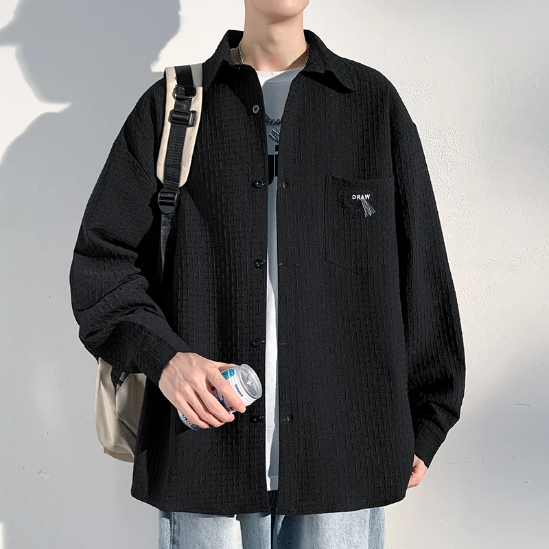 

Textured Embroidered Casual Loose Long Sleeve Men's Shirt Spring Autumn Large Size Youth Fashion Wear Resistant Ironing Required