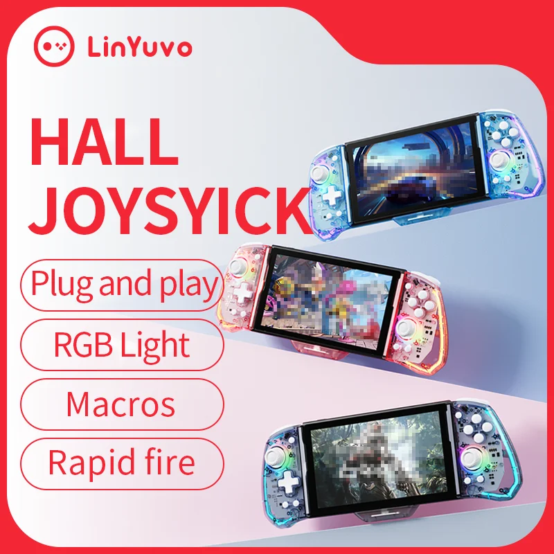 

Игровой контроллер LinYuvo для SWITCH с джойстиком на датчиках Холла, функцией Turbo, двойной вибрацией, 6-осевым гироскопом, 8-цветной RGB-подсветкой KS43
