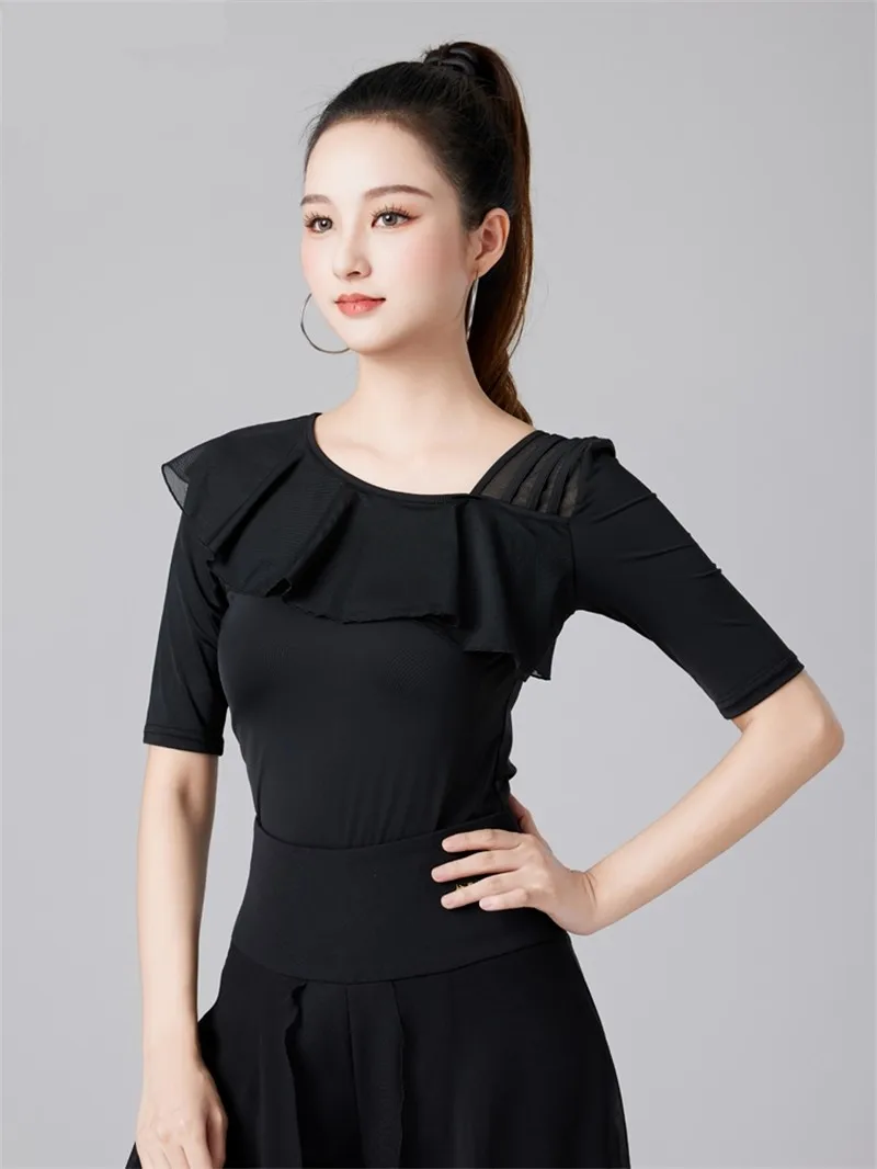 Latin Girls Rhinestones Korean Style Clothing Moden Mesh Patchwork Ballroom Standard Dance Skirts Women Classical Ruffle Tops