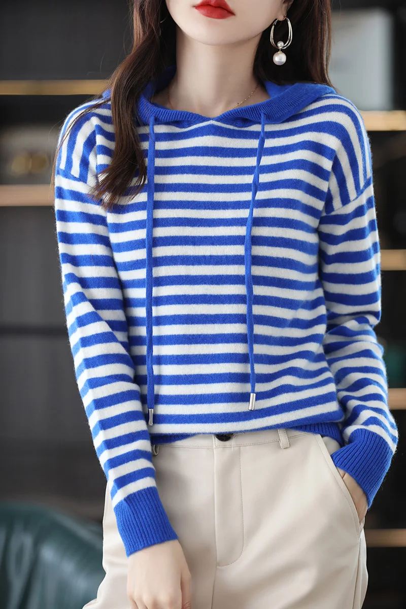 100% pure cashmere knitted bottoming shirt hooded sweater women striped hooded sweater color matching cashmere hoodie