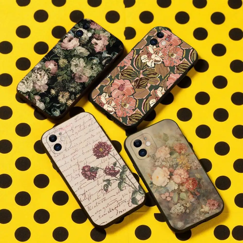 

Vintage Flowers Patterns Phone Case For iPhone 16,15,14,13,12,11,Pro,Max,Plus,X,XS,XR,SE,8,7,Mini,Soft Silicone Black Case