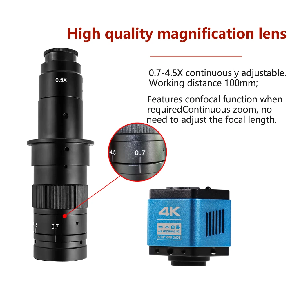 4K Ultra HD HDMI Video Microscope Continuous Zoom 20-180X C-Mount Mobile Phone Repair Industrial Inspection Microscope