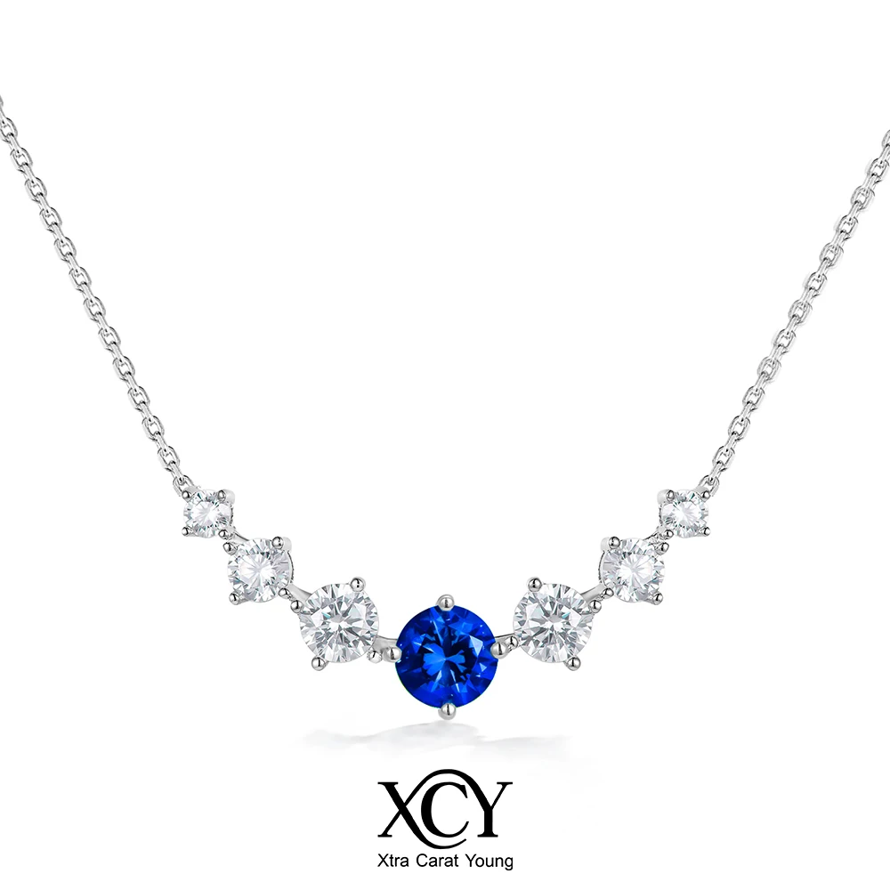 XCY Lab-grown Sapphire Necklace for Women 925 Sterling Silver Sparkling Moissanite Curved Necklaces Birthday Fine Jewelry Gift