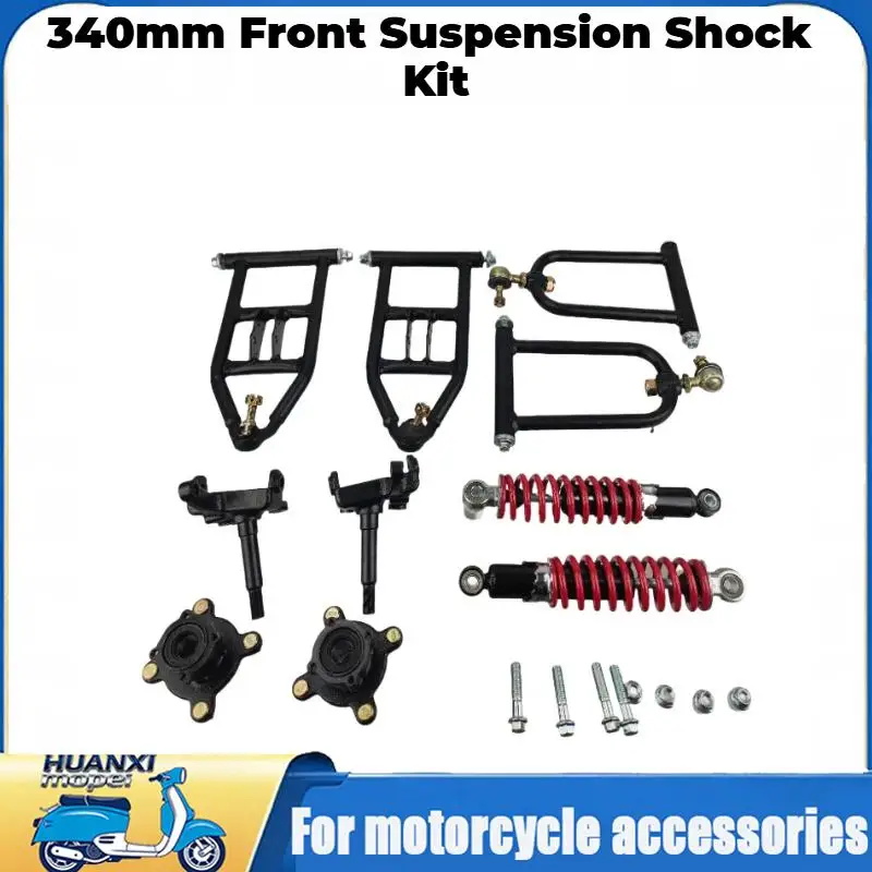 Front Suspension Shock Kit, Upper/ Lower Swingarm Steering Strut Knuckle Spindle for DIY Buggy Electric ATV Quad Bike Buggy Go Kart Parts (340mm Control Arms)