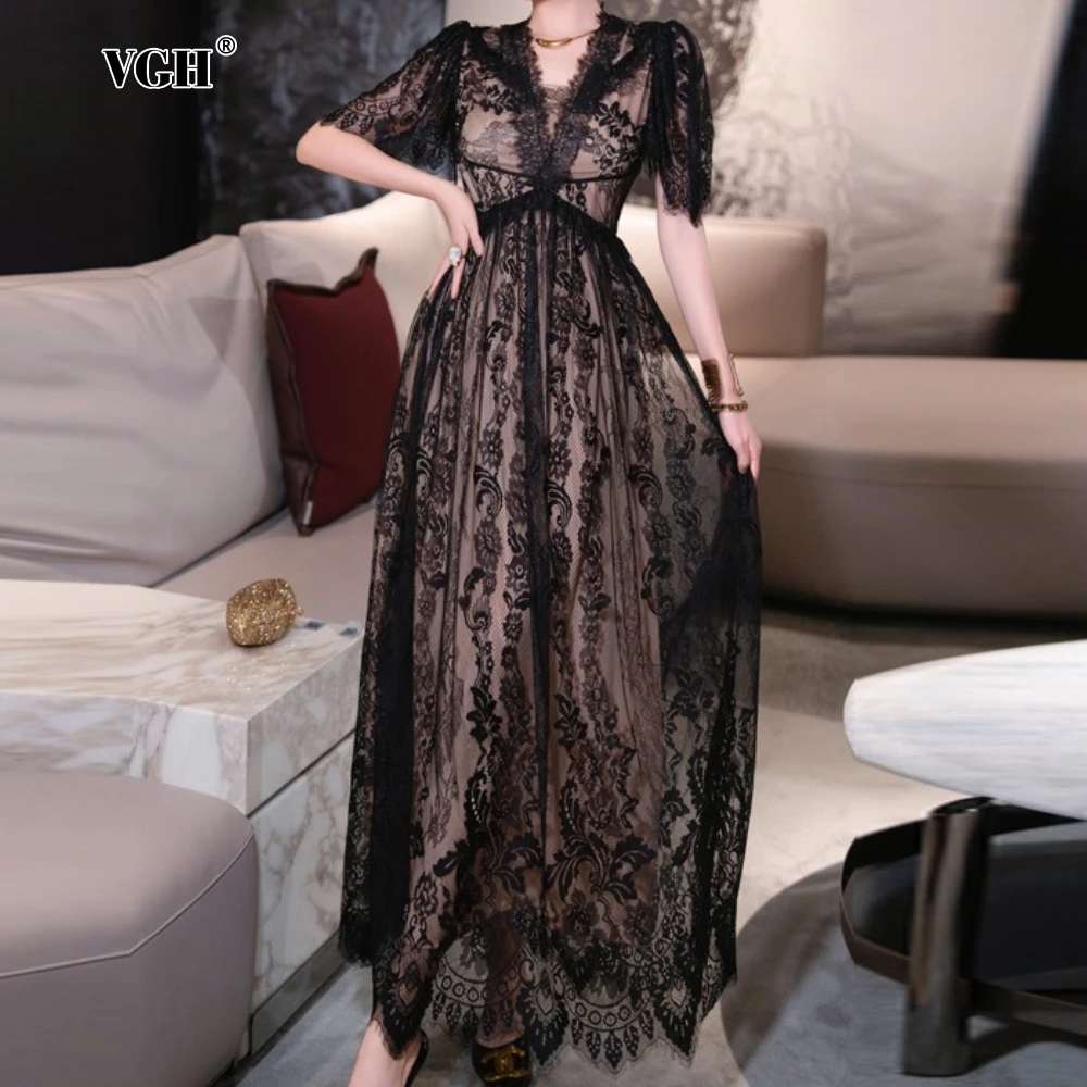

VGH Sexy Patchwork Lace Embroidery Midi Dresses for Women V Neck Short Sleeve High Waist Slimming Premium Evening Dress Female