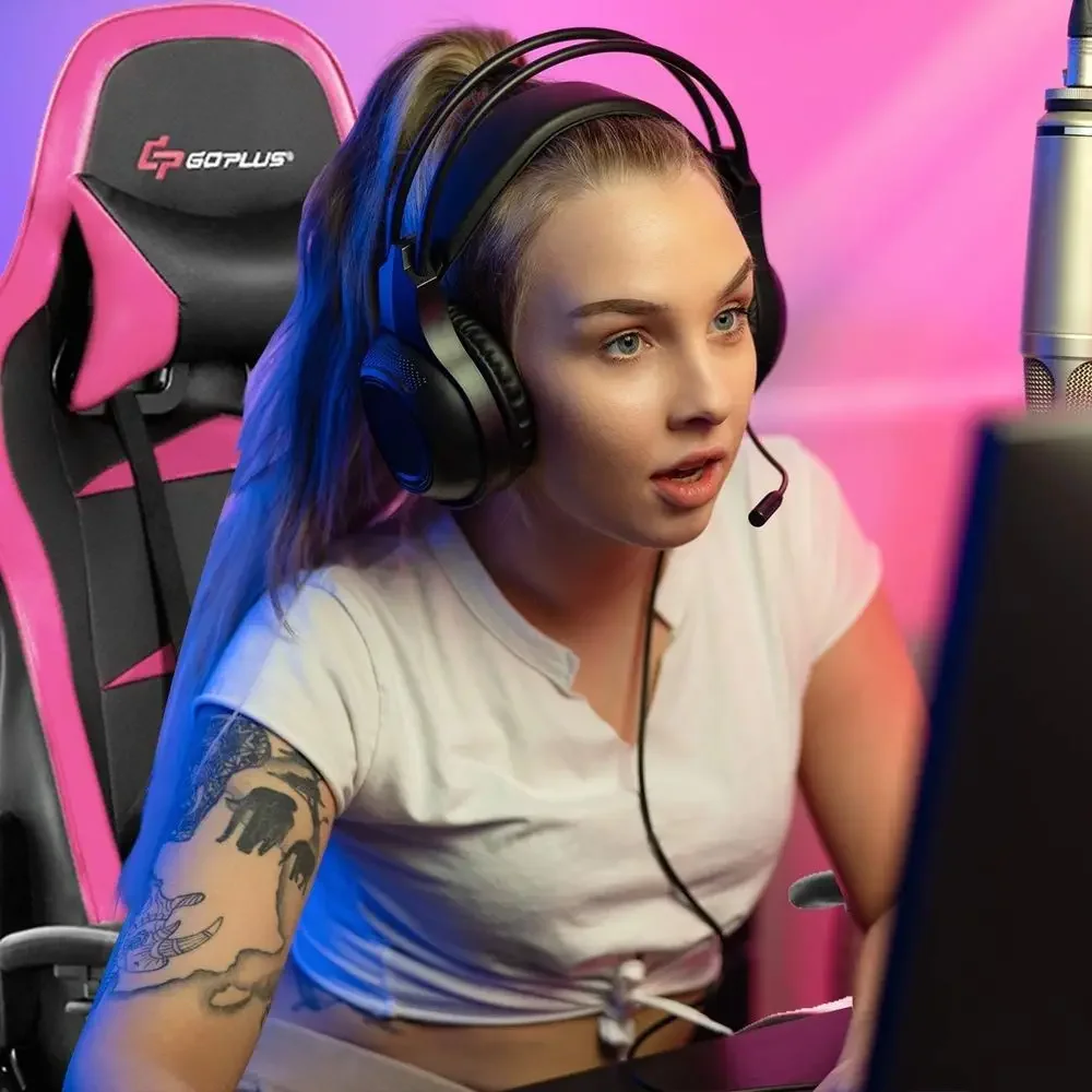 Ergonomic Pink Gaming Chair with Lumbar Massage, High-Back Leather Recliner for Women and Esports Enthusiasts