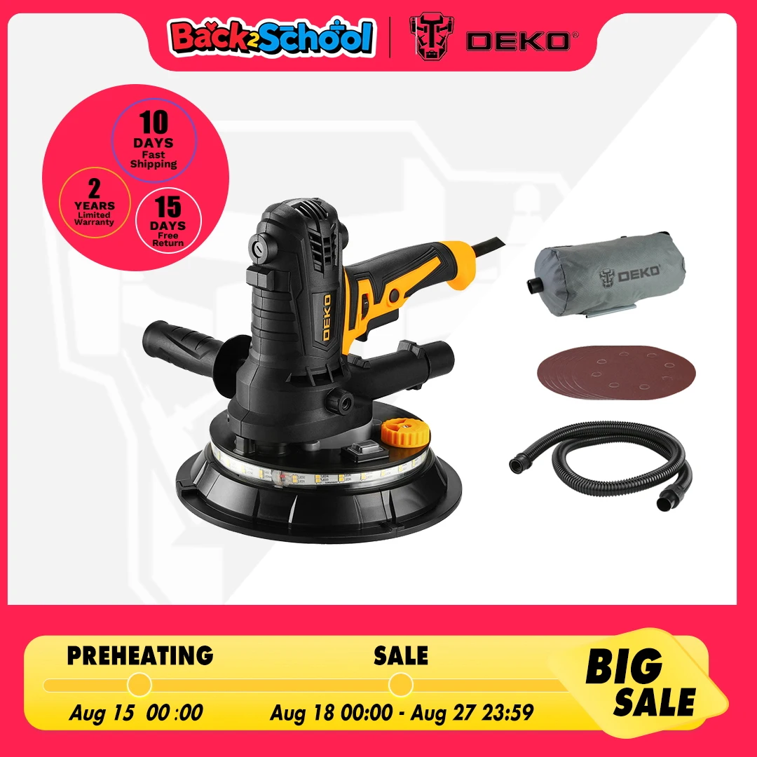 DEKO DKWP180CDLD/DKWP180CD 900W Drywall Sander Grinding Portable Polishing Machine with Sandpaper LED Light and Dust Clooect Bag
