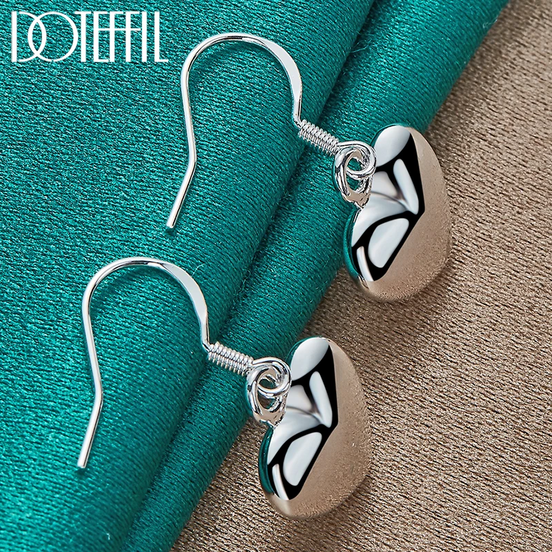 DOTEFFIL 925 Sterling Silver Smooth Heart Drop Earrings Dla kobiet Biżuteria ślubna zaręczynowa Biżuteria modowa