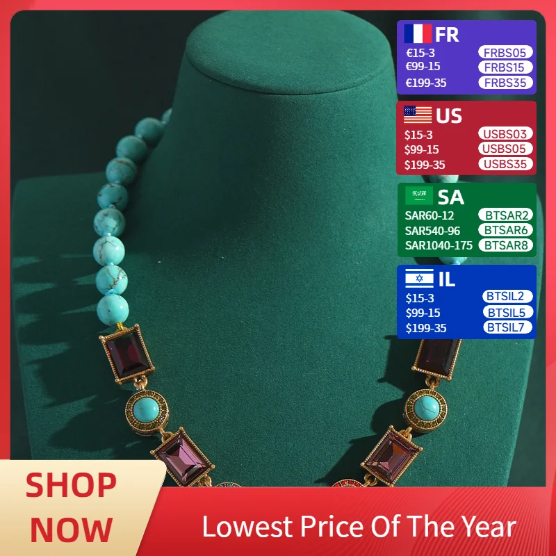 

Vintage Turquoise Jewelry Necklace Woman Blue Beads Square Crystal Gold Color Accessories Luxury Designer High Quality Jewelry