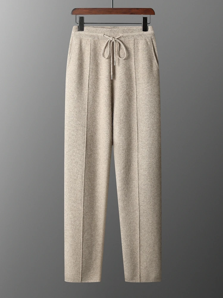 Men Cashmere Casual Pants Autumn Winter Thick Mid Seam Trousers 100% Cashmere Knitwear Solid Pockets Elastic Waist Pencil Pants
