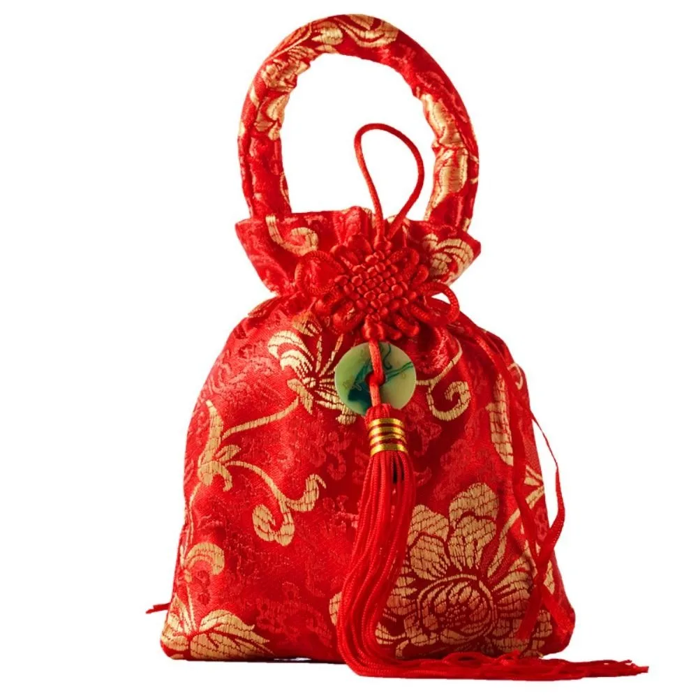 

Chinese Style Canvas Flower Drawstring Bag Wrist Bag Korean Style Chinese Knot Tassel Handbag Large Capacity Wedding Candy Bag