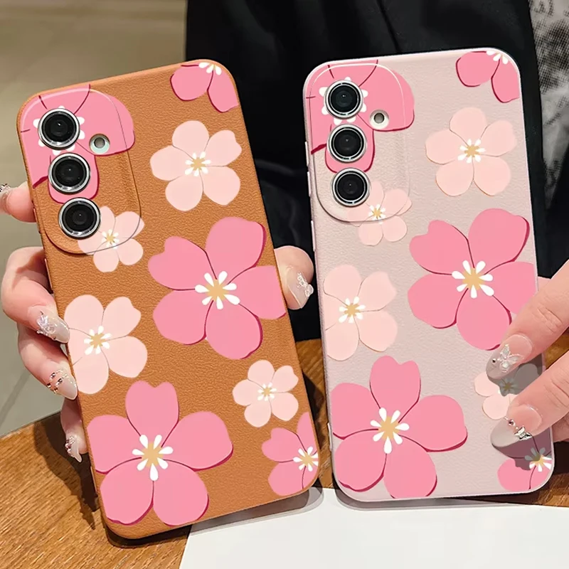 Rosa Blumenmuster Handyhülle für Samsung Galaxy S26 S25 S24 S23 Ultra S22 Plus S25 S24 FE Edge Leder-Textur TPU Weiche Schutzhülle