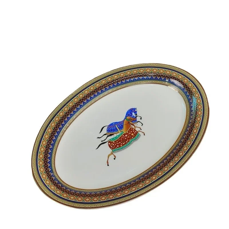 for European War Horse Series Ceramic Tableware Set Household Dishes Spoons Plates Gift Box Complete Western Food Dinnerware