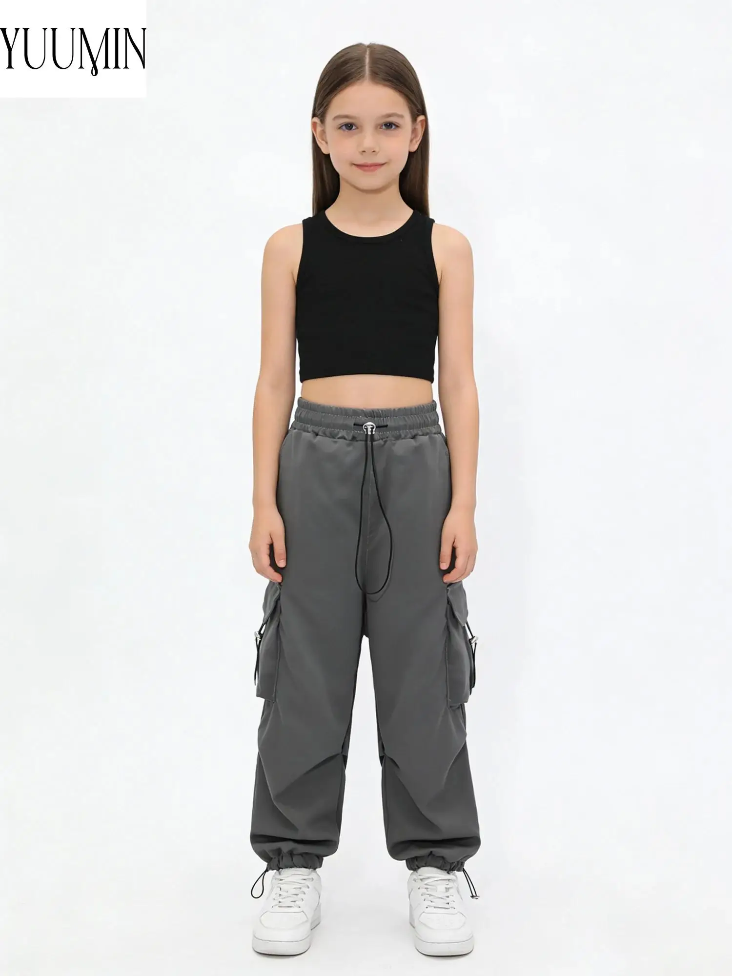 Kids High Waist Cargo Pants for Boys Girls, Elastic Drawstring Waist with Multi Pockets, Streetwear Trousers Hip-Hop