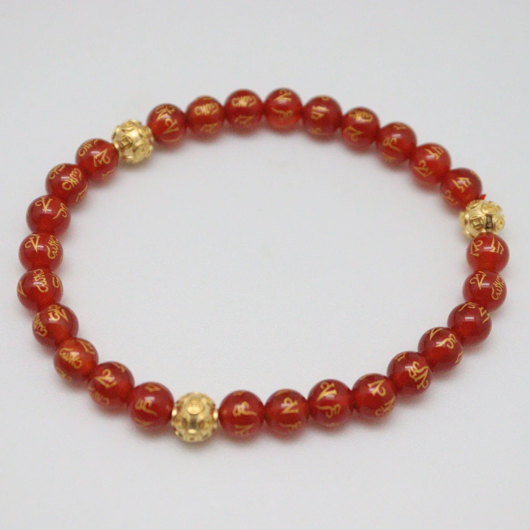 

999 Pure 24k Yellow Gold Bracelet Three 6mm Coin Ball Red Agate Bead Link 6.5inchL