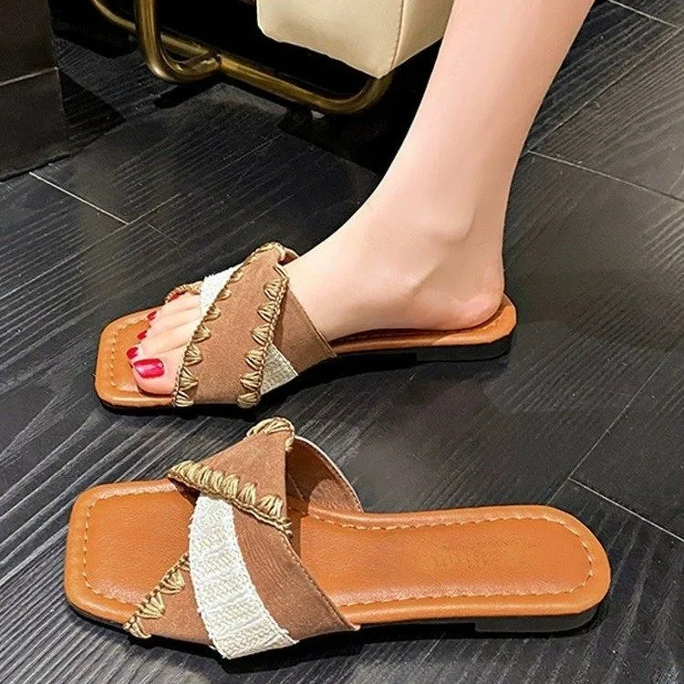 

Retro Strap Suede Slippers 2024 Summer New One-word Slippers Outerwear Fashion Sandals Color Matching Woven Flat Women's Shoes