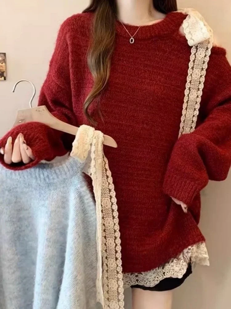 

Модный корейский кружевной красный вязаный свитер, женский зимний новый утягивающий топ средней длины