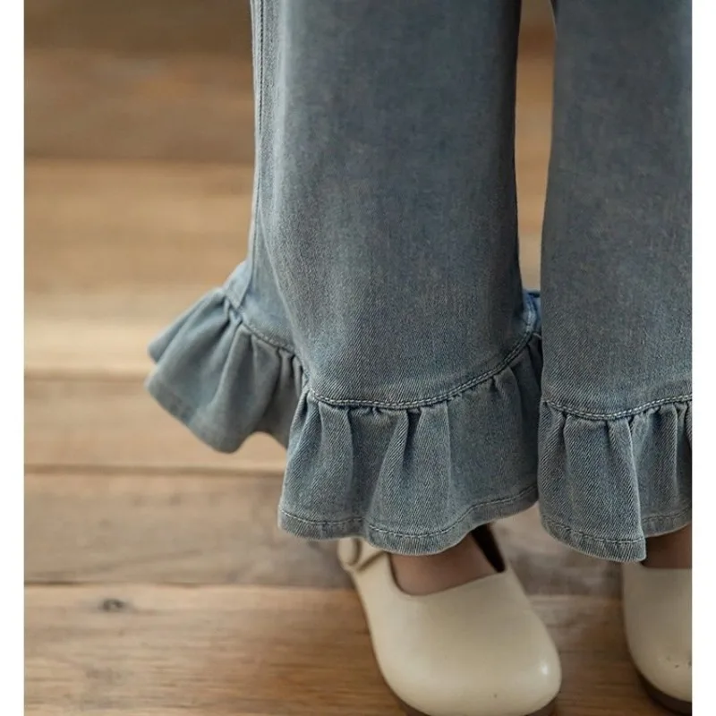 السراويل الفتيات ربيع الخريف بلون الجينز مع أرجل مستقيمة واسعة الساقين الدانتيل الساقين بناطيل كاجوال منتج جديد عصري 2025 #6