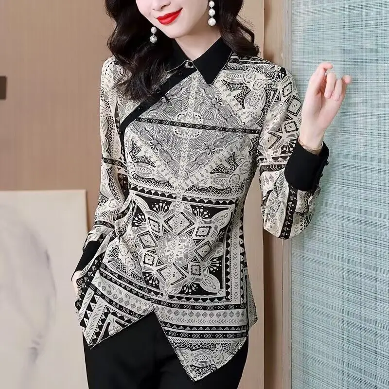 

Vintage Folk Printed Blouse Commute Polo-Neck Spring Autumn Long Sleeve Women's Clothing Fashion Asymmetrical Button Slim Shirt