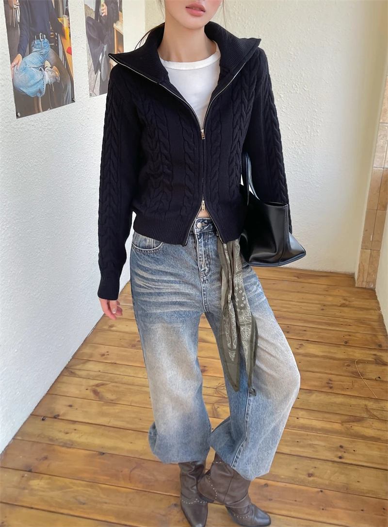 المرأة الياقة تويست متماسكة سترة قصيرة عارضة زيبر تصميم تحسس محبوك أعلى سترة صوفية عصرية #1