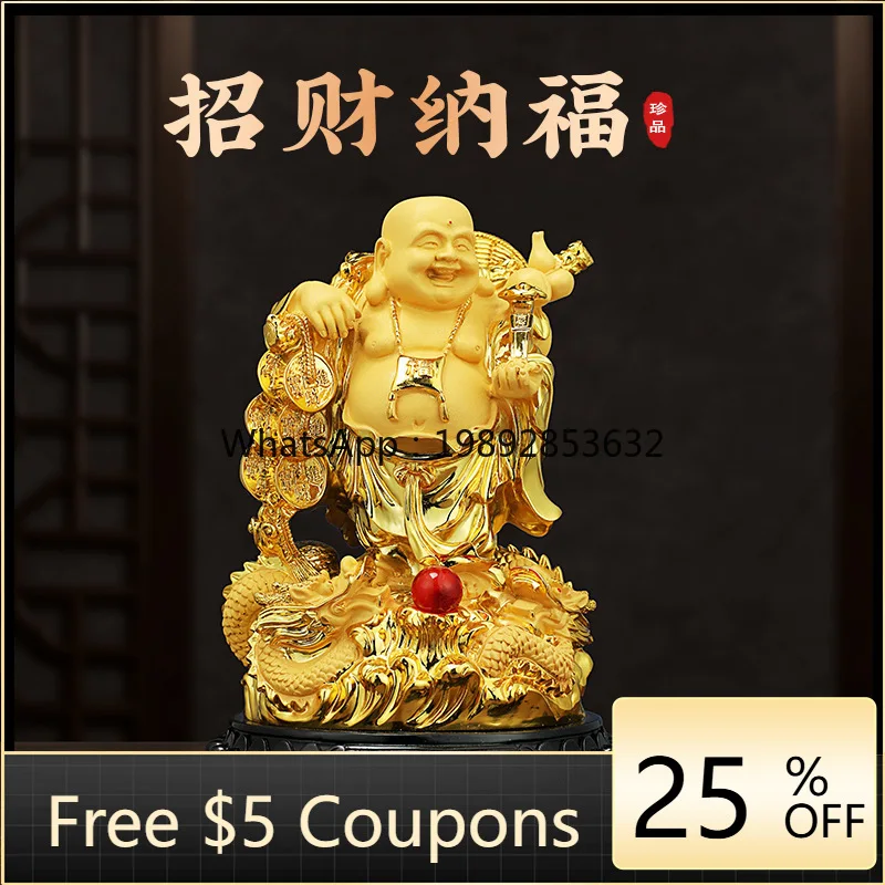 LYY Gold-plated Maitreya Buddha Figurine Big Belly Laughing Buddha Wealth Feng Shui Ornament Velvet Gold-plated Crafts Office