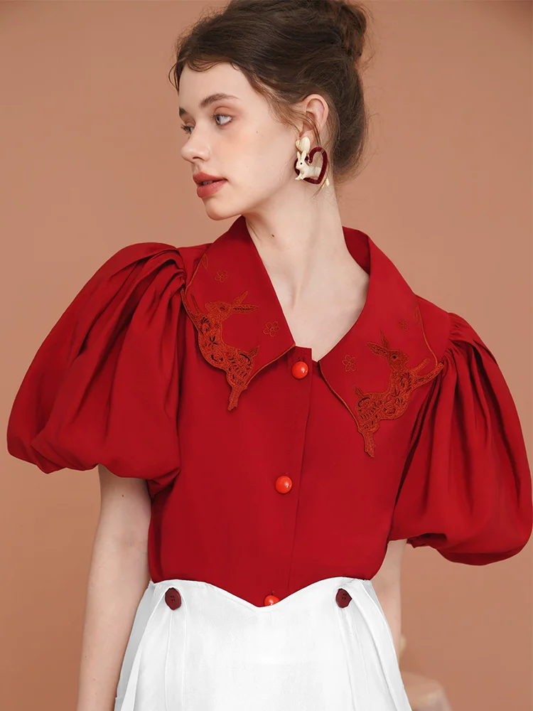 Spring Summer Original Design Women Vintage Hollow Out Running Bunny Rabbits Embroidered Collar Shirts/Blouses