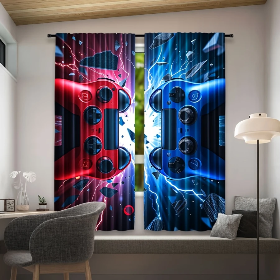 2PCS Digital Print  Curtain, Red Blue Game Controller, Botanical Print Window Drape for Living Room Bedroom Home Decor