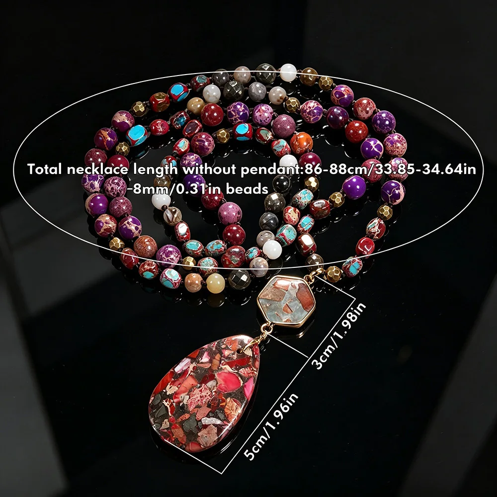Handmade Composite Stone Beaded Long Necklace Heart Teardrop Pendant Bohemian Style Women Daily Wear Statement Neck Jewelry