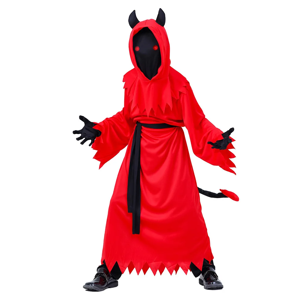 Halloween Night Kids Red Devil Costume Carnival Party Childs Demon Scary Fancy Dress Up Satan Role Playing Cosplay Outfit