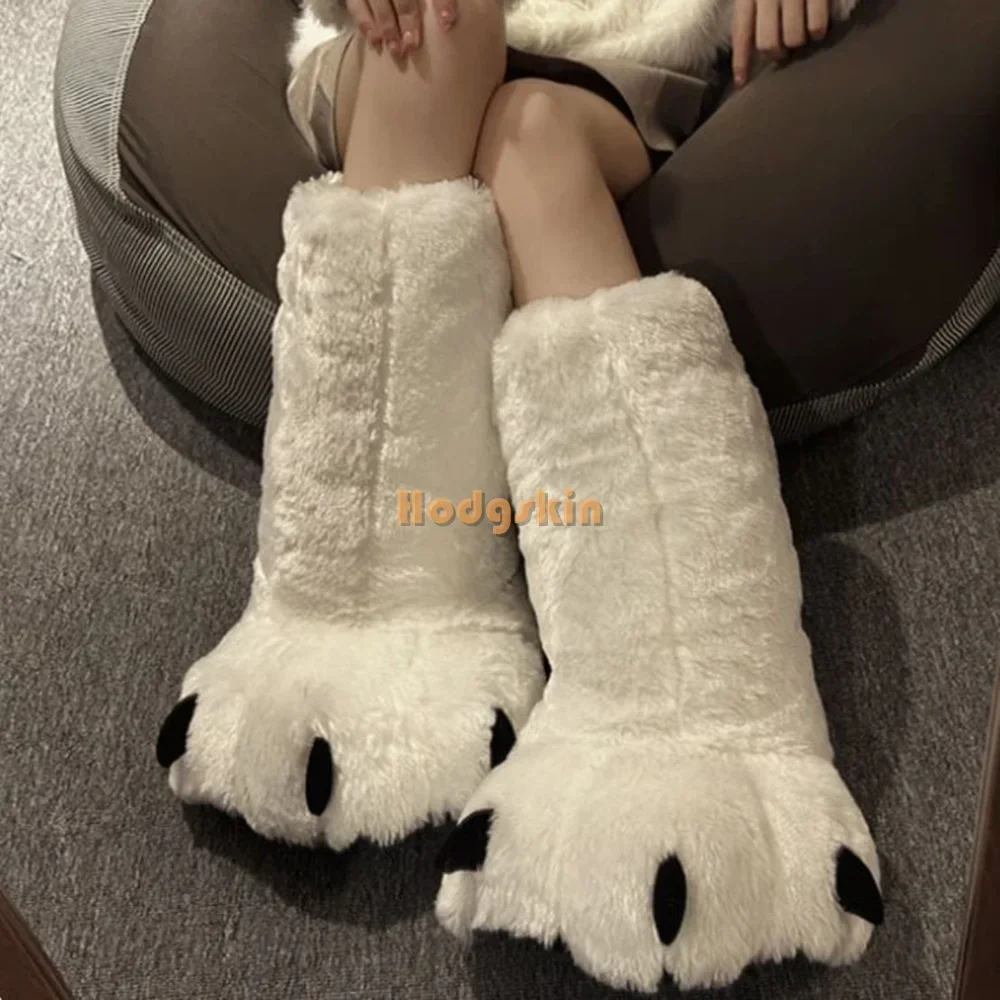 Plush Bear Paw Knee-high Boots Cute Solid Furry Slip-on Indoor Warm Slippers Floor Faux Fur 2024 Women New Winter Cotton Shoes