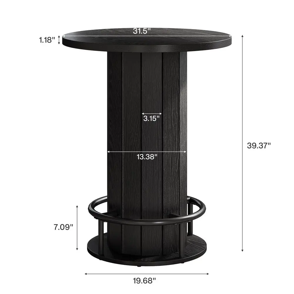 

Round Bar Table, 39.4 H Wood Bistro Pub Table with Metal Ring Footrest for Dining Coffee Cocktail Living Room, Small Space, Bla